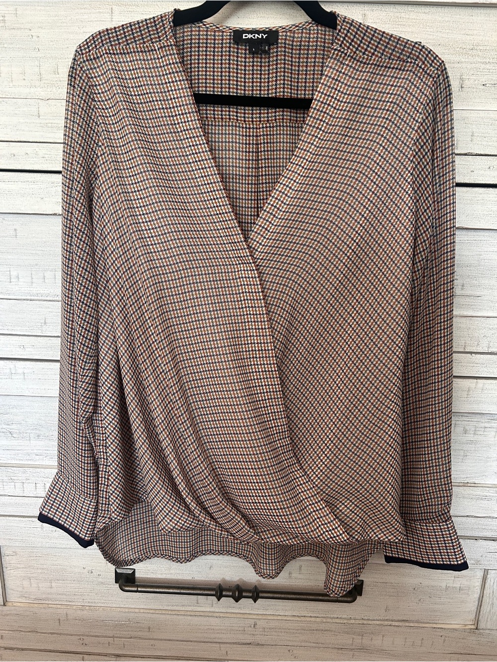 DKNY Navy Plaid Wrap-Style Blouse